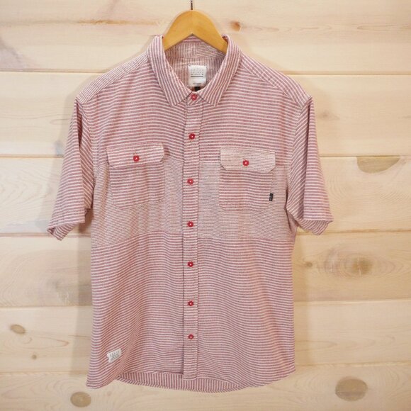 Split Co Men's size L Short Sleeve Button-up Shirt Casual Striped Flap Pockets - Picture 1 of 10